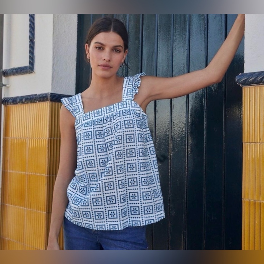 Next Embroidered Eyelet Blue White Ruffled Tank Top